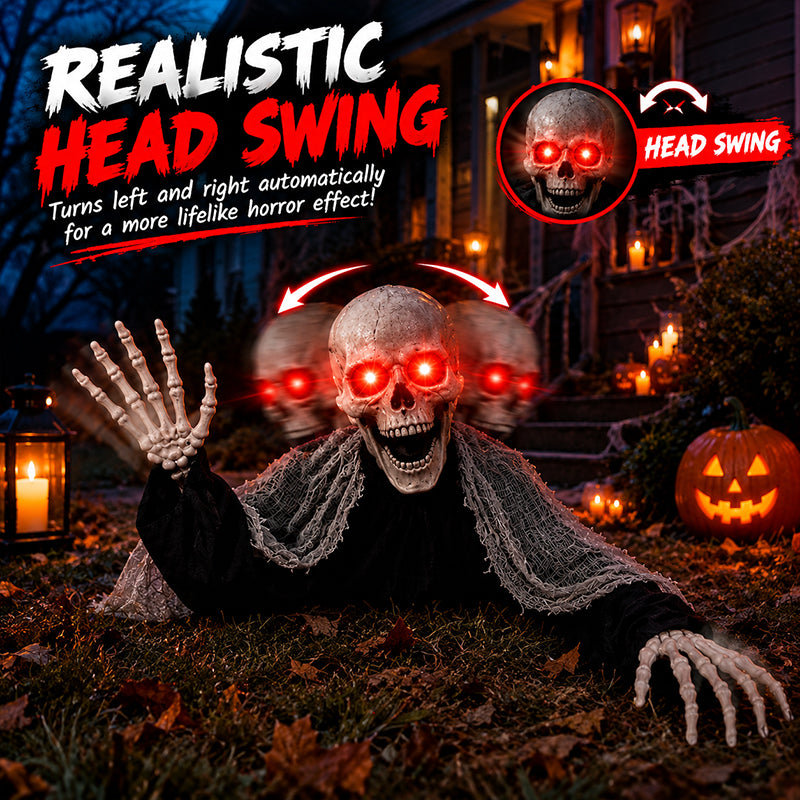 Voice Control Halloween Ghost – Glowing Red Eyes, Auto-Moving Hands, Foldable Bloody Zombie Screamer, Animatronic Decor