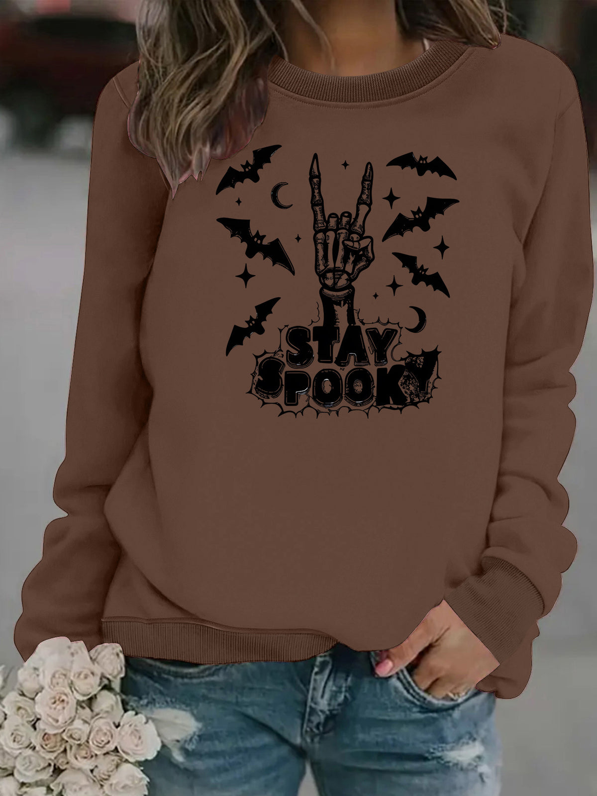 Bat print loose women's fleece hoodie