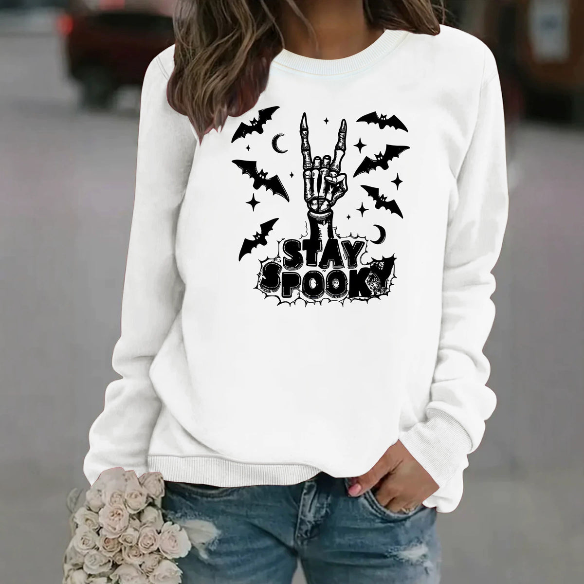 Bat print loose women's fleece hoodie