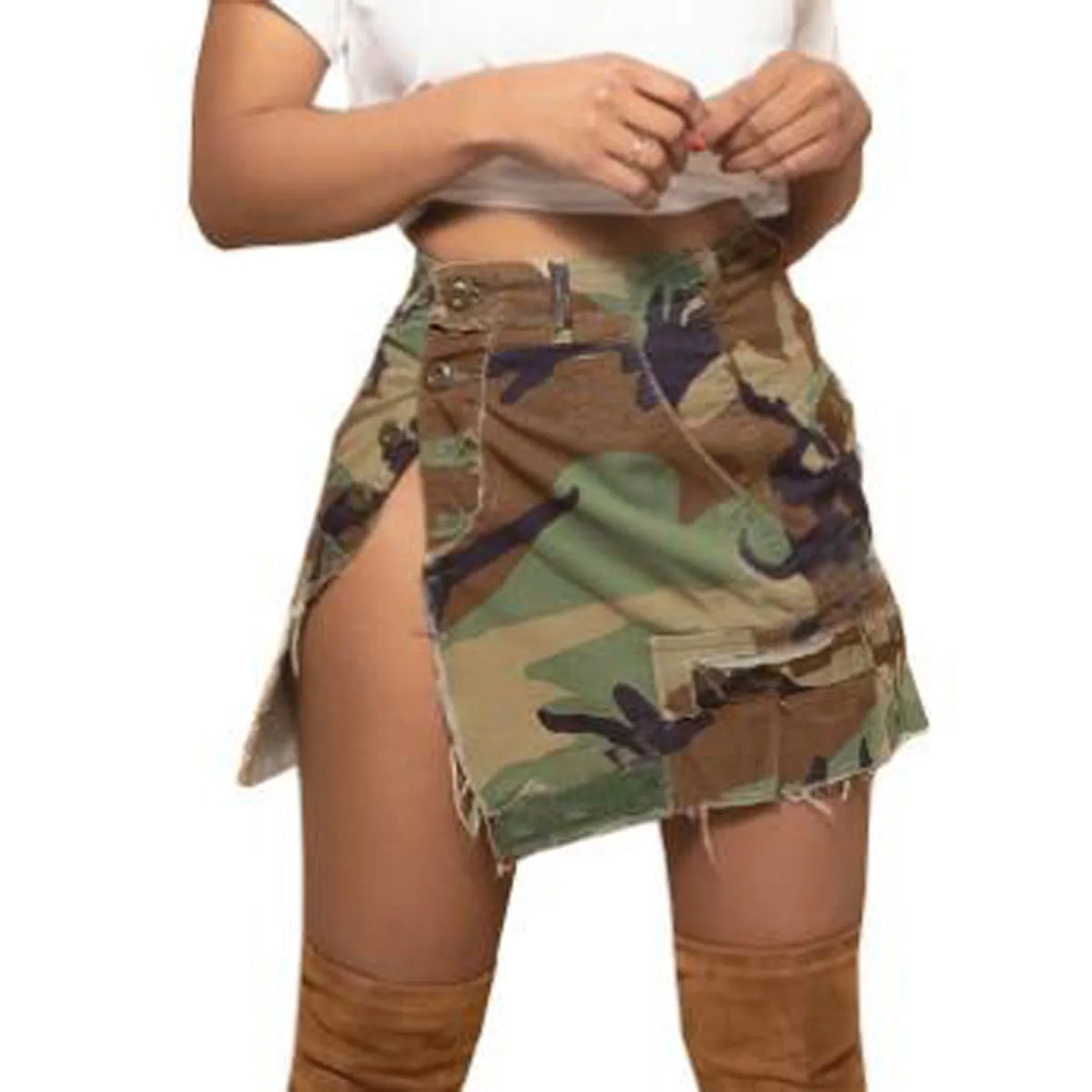 Washed and worn out work style pocket button sexy short camouflage skirt
