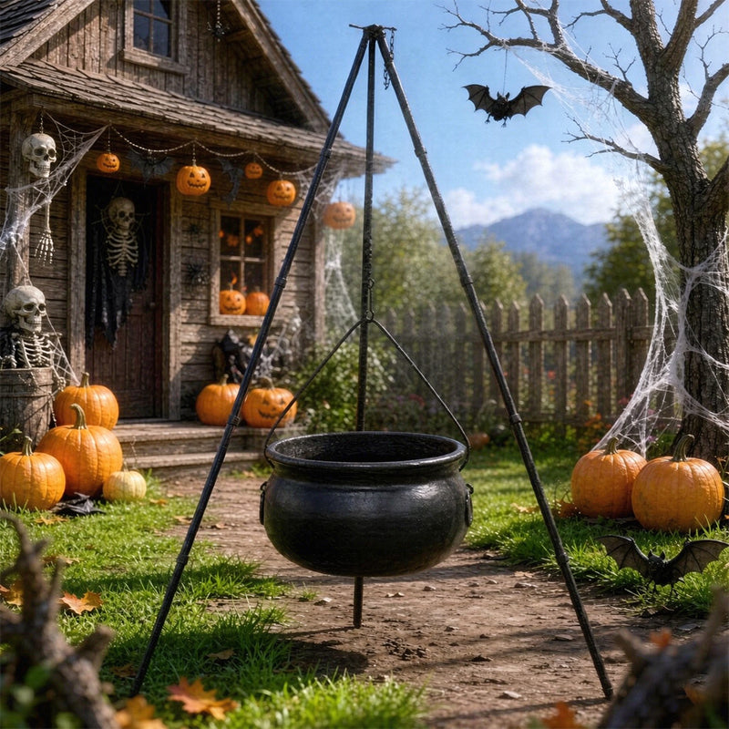Halloween Black Witches Cauldron with Skeletons on Tripod – Outdoor Horror House Scary Prop, Home Halloween Decoration