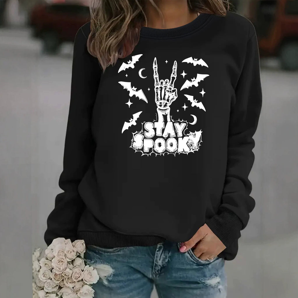 Bat print loose women's fleece hoodie